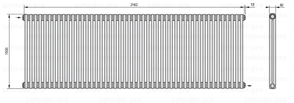 Схема (чертеж) Радиатор Zehnder Charleston 2150/47 №1670 Белый глянцевый RAL 9016